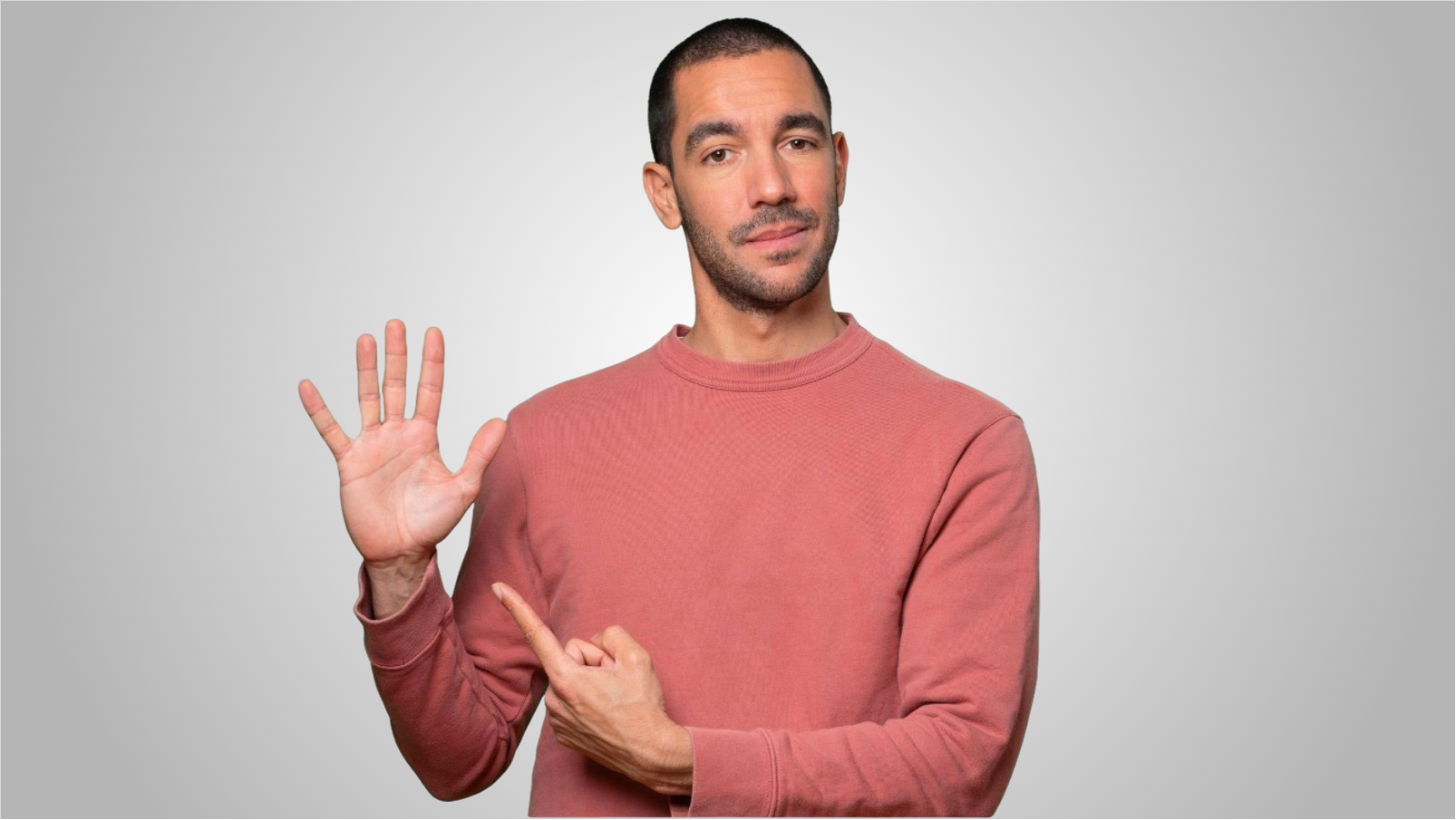 A man is holding up 5 fingers on one hand and pointing to that hand with his other hand so there is emphasis on 5 Signs Your Organization Needs and Updated Unified Communications Platform