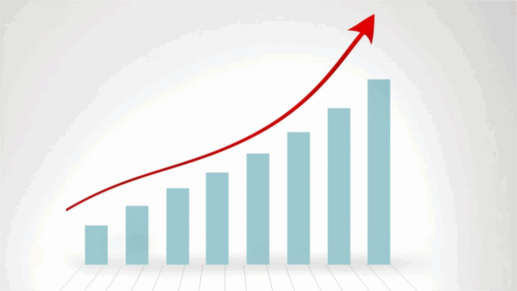 A bar graph ascending with a red arrow going upwards along it signifying growth.