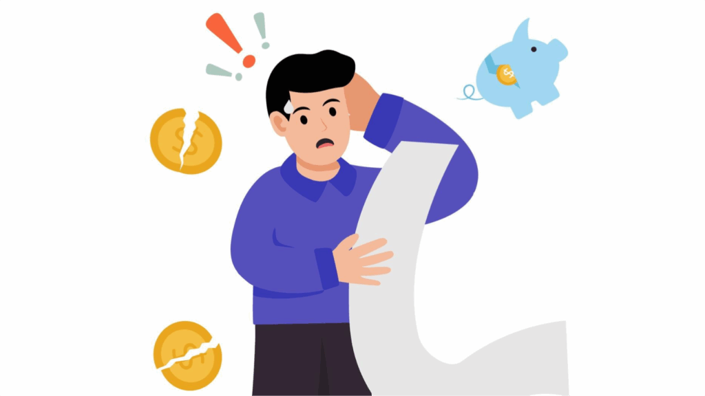 A cartoon image of a man looking at a long piece of paper or receipt with a shocked look on his face, while broken coins and a cracked piggy bank fly by.