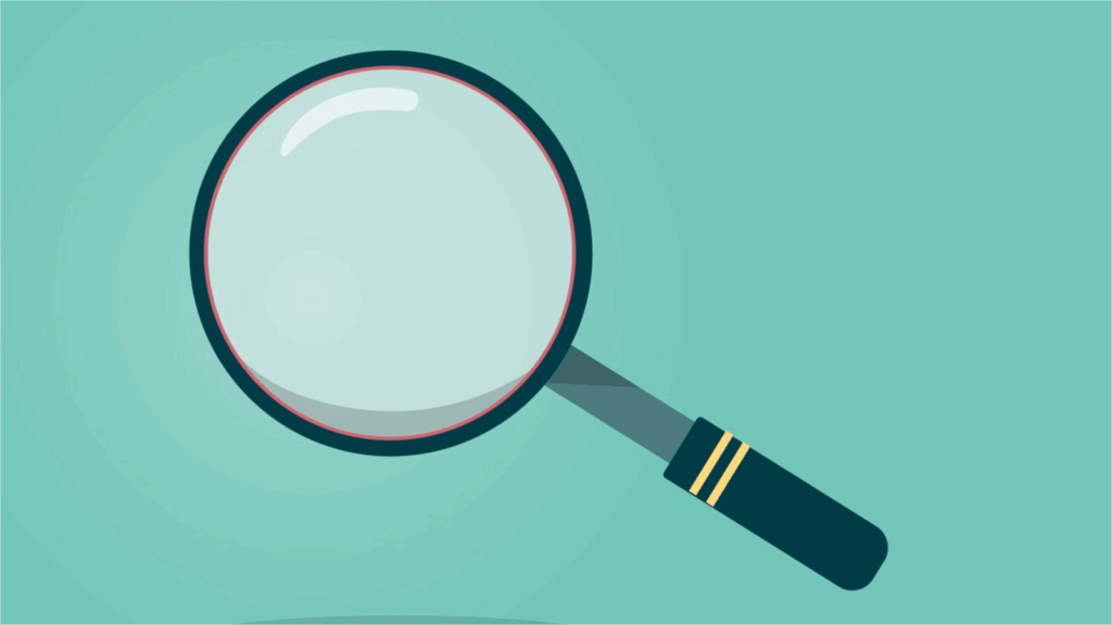 a simple cartoon image of a magnifying glass against a teal background.