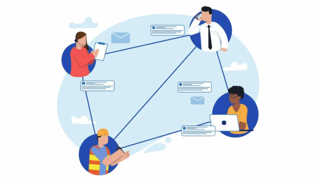 This cloud graphic has 4 different people from various backgrounds in their own bubbles, but lines and message icons connect them signifying the ease of communication with a unified communications platform.