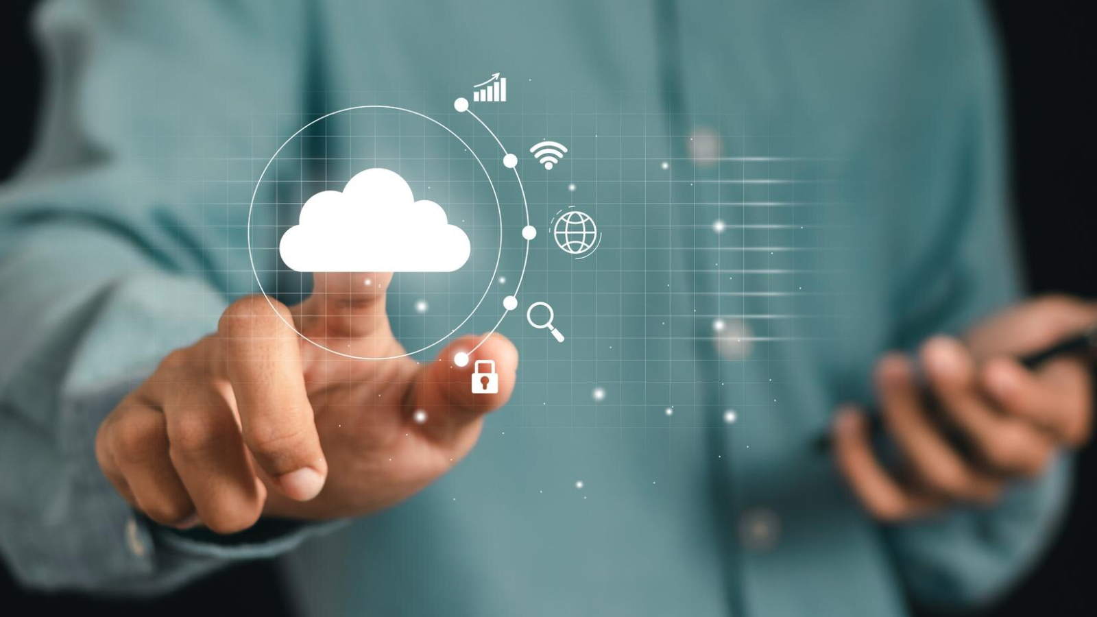 Business professional interacting with a digital interface showing a cloud icon and VoIP-related features like security, connectivity, and data analytics illustrating the benefits of cloud-based VoIP solutions.