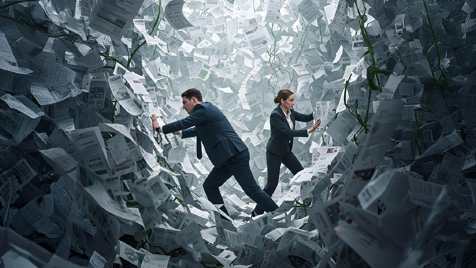 Two people pushing their way through a "jungle" of bills and extra charges performing a telecom expense audit.