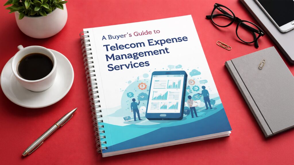 Flat-lay view of a workspace with a spiral-bound guide titled “A Buyer’s Guide to Telecom Expense Management Services,” surrounded by a coffee cup, glasses, and stationery.