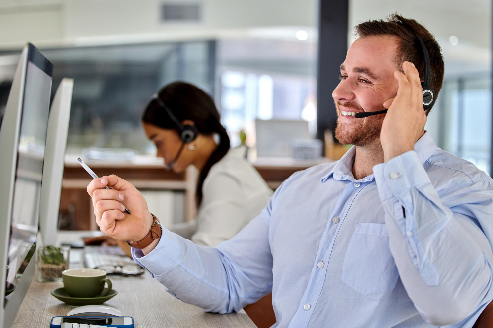 happy service rep using MS Teams calling